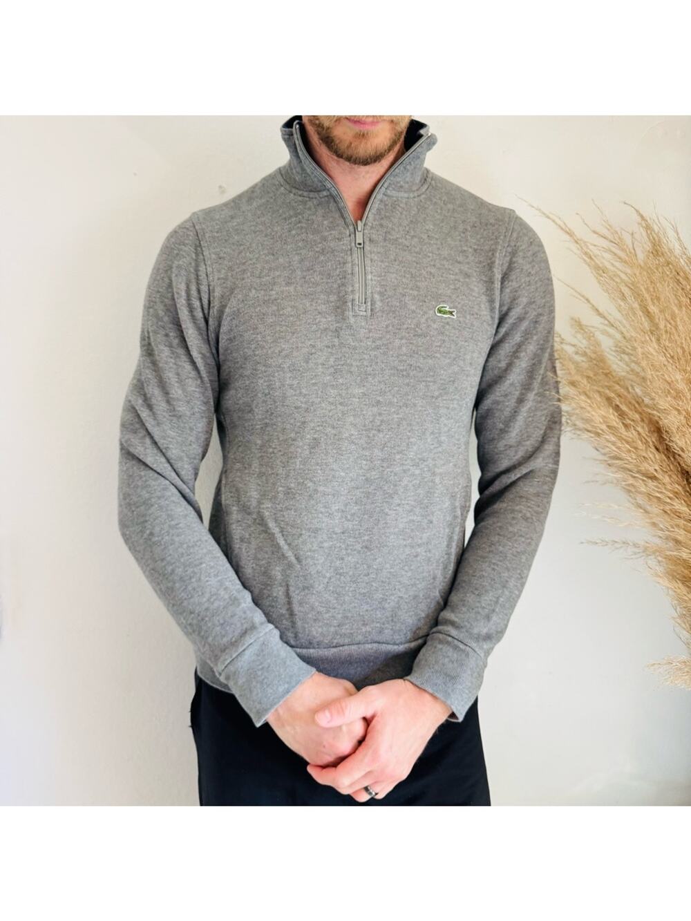 MENS LACOSTE Grey Navy Half Zip High Neck Pullover $170 Sweater Sweatshirt S